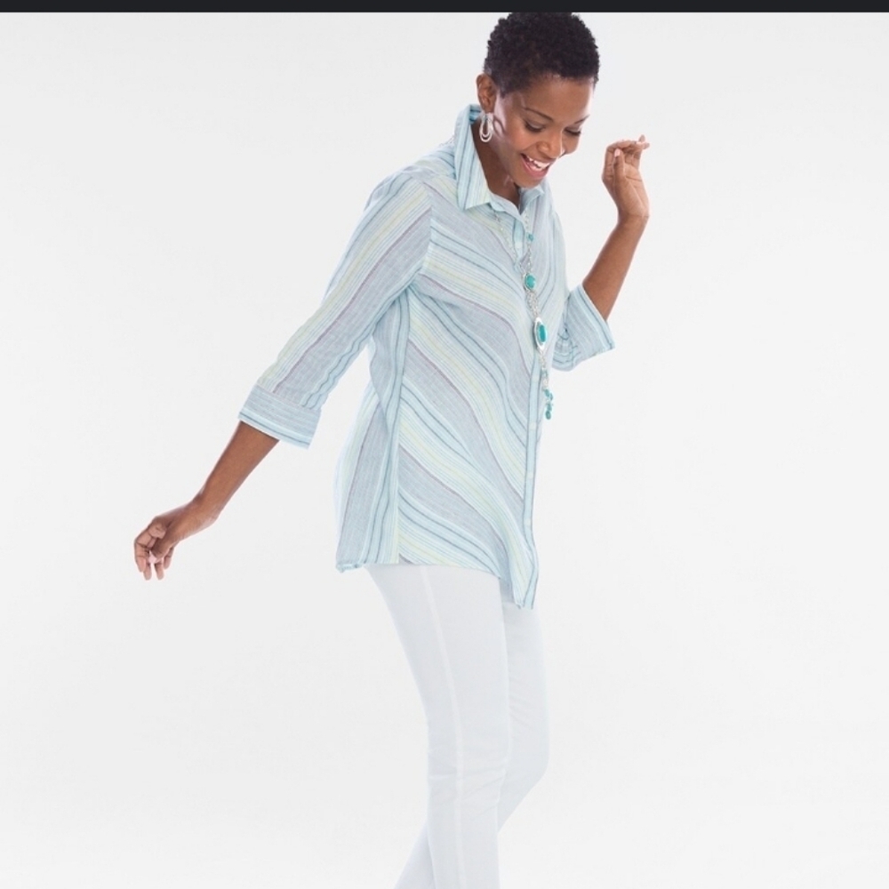 Chico's Linen Classic Preppy Coastal Lightweight Lagenlook 3/4 Sleeve Button Up